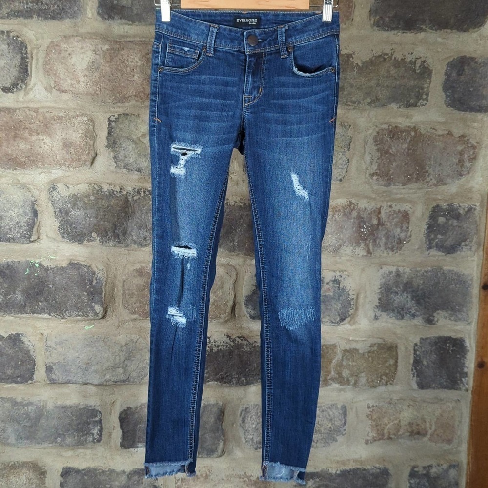 EVERMORE Denim Distressed Jeans Junior's‎ Size 1 Skinny Raw Step Hem Blue